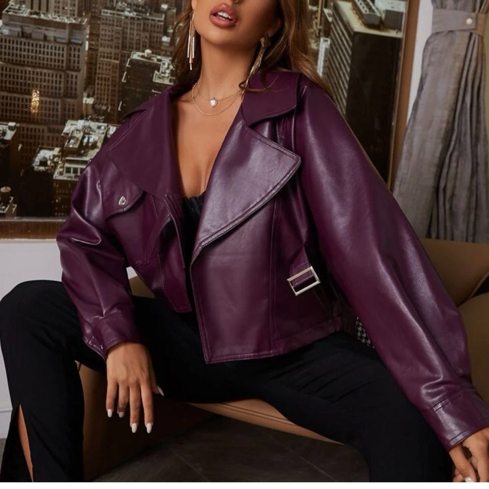 Women's Deep Plum vegan leather shirt-Jacket/blazer with Mesh floral top. New